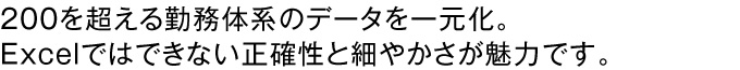 200を超える勤務体系のデータを一元化。Excelではできない正確性と細やかさが魅力です。