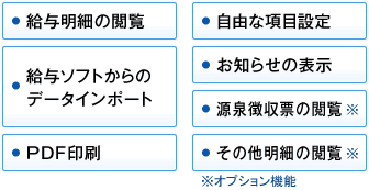 給与明細の閲覧、自由な項目設定、給与ソフトからのデータインポート、お知らせの表示、源泉徴収票の閲覧（※オプション機能）、PDF印刷、その他の明細閲覧（※オプション機能）