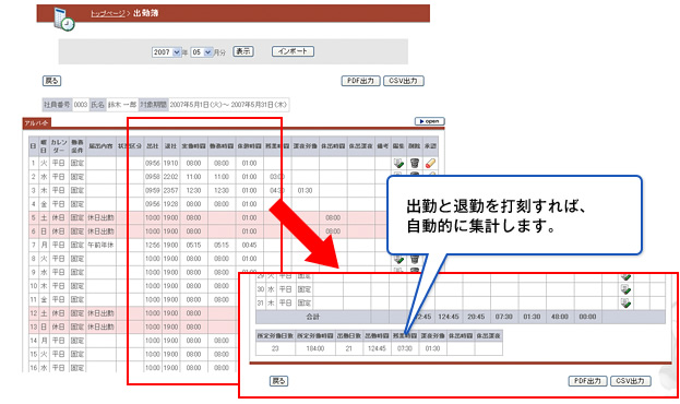 出勤と退勤を打刻すれば、自動的に計算します。