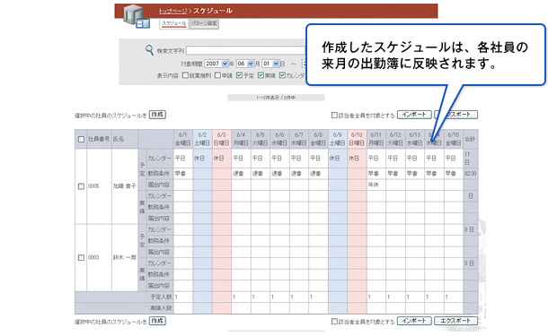 作成したスケジュールは、各社員の来月の出勤簿に反映されます。